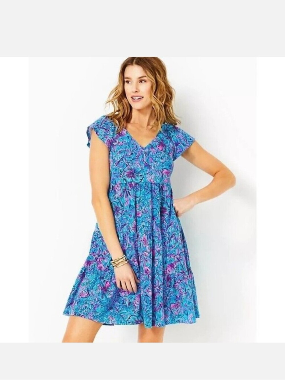 Lilly Pulitzer M Kiawa Dress NWOT Blue Purple Shells Print Pockets Tiered Flowy